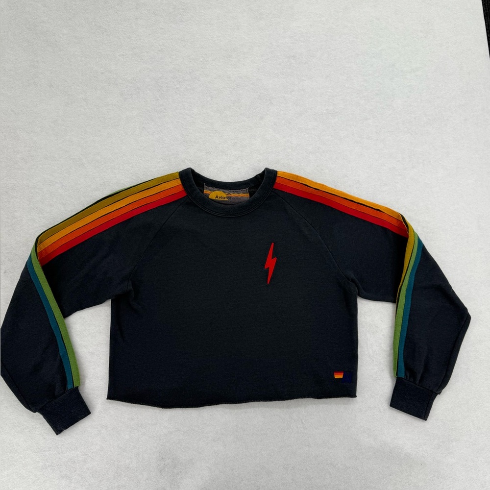 AVIATOR NATION BOLT EMBROIDERY CROPPED SWEATSHIRT CHARCOAL SERAPE‎ RAINBOW M